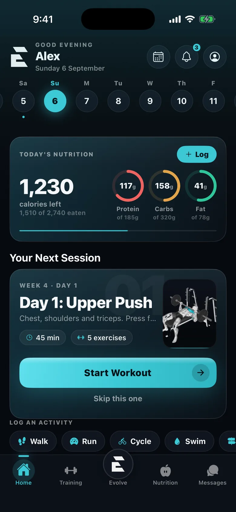 Evolve app home screen: today's session, nutrition and check-in